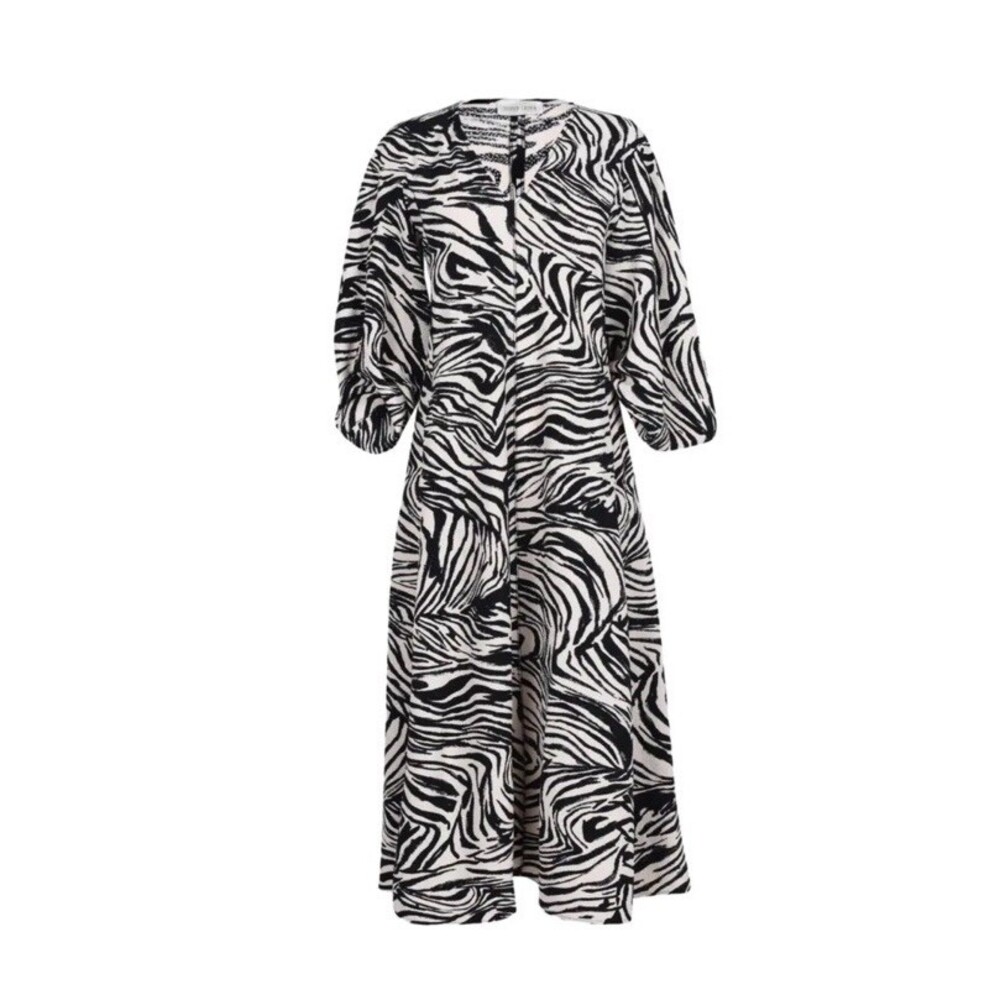Stine Goya Zebra Print Midi Dress Black Cream Chic Effortless Lux Lightweight XS